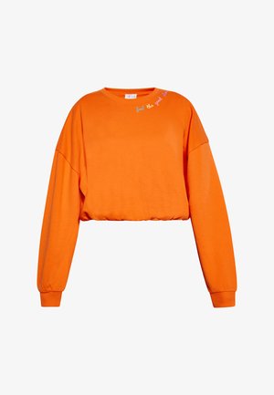 Cropped orange sweatshirt made of cotton, featuring long sleeves and ribbed cuffs. Embroidered text in multi-color on the shoulder.