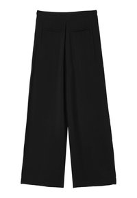 Schwarze weit geschnittene Hosen mit hohembund, ausgestattet mit zwei Fronttaschen und einer glatten Stoffoberfläche. Keine sichtbaren Muster oder Akzente.