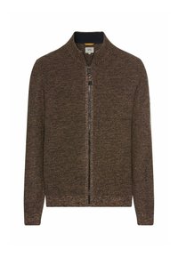 Braune Zip-Up-Strickjacke mit einem strukturierten Strickmuster. Verfügt über einen geribten Kragen und Bündchen. Reißverschluss vorne.