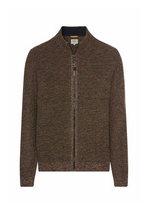 Brown zip-up cardigan with a textured knit pattern. Features a ribbed collar and cuffs. Zipper closure down the front.