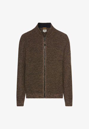 Braune Zip-Up-Strickjacke mit einem strukturierten Strickmuster. Verfügt über einen geribten Kragen und Bündchen. Reißverschluss vorne.
