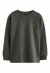 Dunkelgrauer langärmeliger Pullover aus weichem Stoff, mit Rundhalsausschnitt und einem kleinen gelben gestickten Detail auf der Brust.