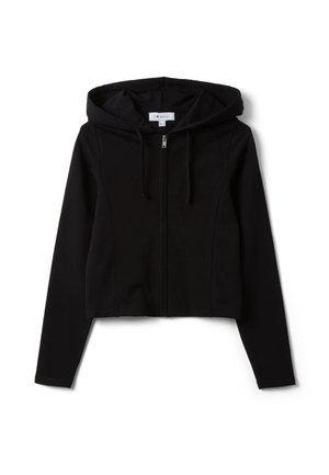 Black long-sleeve zip-up hoodie with drawstrings, front zipper, and fitted style, laid flat on a white background.