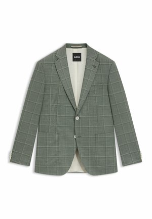 Jasnoszara marynarka w kratę wykonana z teksturowanej tkaniny. Posiada klapy w kształcie notcha, zapięcie na dwa guziki oraz subtelnie kontrastujące guziki.