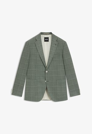 Light gray checkered blazer made of textured fabric. It features notch lapels, two-button closure, and subtle contrasting buttons.