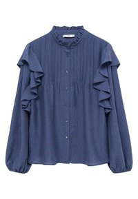 Navy blue button-up shirt with ruffled accents on the shoulders, textured fabric, and a high neck. Long sleeves and gathered cuffs.