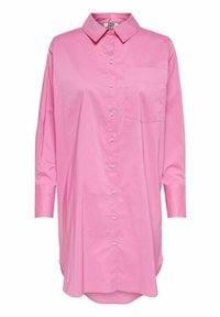 Chemise rose à manches longues, en tissu lisse. Présente un col et une poche poitrine unique. Ourlet droit avec un dos plus long.