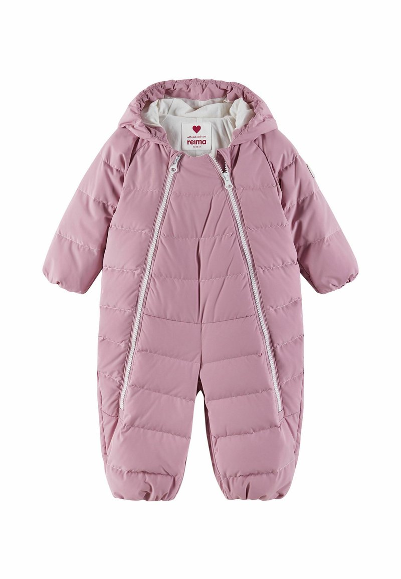 Różowy ocieplany kombinezon narciarski dla niemowląt z kapturem i dwoma suwakami z przodu, zaprojektowany dla wygody i ciepła.