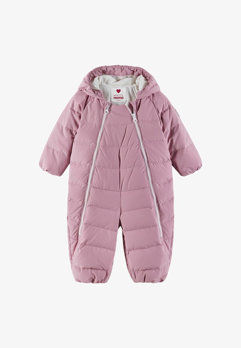Różowy ocieplany kombinezon narciarski dla niemowląt z kapturem i dwoma suwakami z przodu, zaprojektowany dla wygody i ciepła.