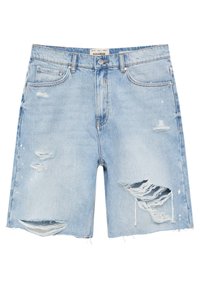 Vaaleansiniset farkkushortsit, joissa on kulutettuja yksityiskohtia, korkea vyötärö, etutaskut ja repsottava helma. Brändilogo näkyvissä vyötärönauhassa.