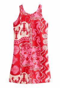 Robe sans manches rouge et rose avec un motif de vie marine comprenant des homards, des hippocampes et des coques, confectionnée dans un tissu léger.