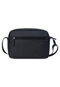 Borsa a tracolla nera rettangolare realizzata in materiale liscio, con una tasca frontale con zip e una tracolla regolabile. Dettaglio di cucitura discreto.