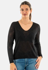 Maglione nero a maglia con scollo a V, maniche lunghe e motivo testurizzato. Il materiale sembra leggero e leggermente trasparente, con polsini a coste.