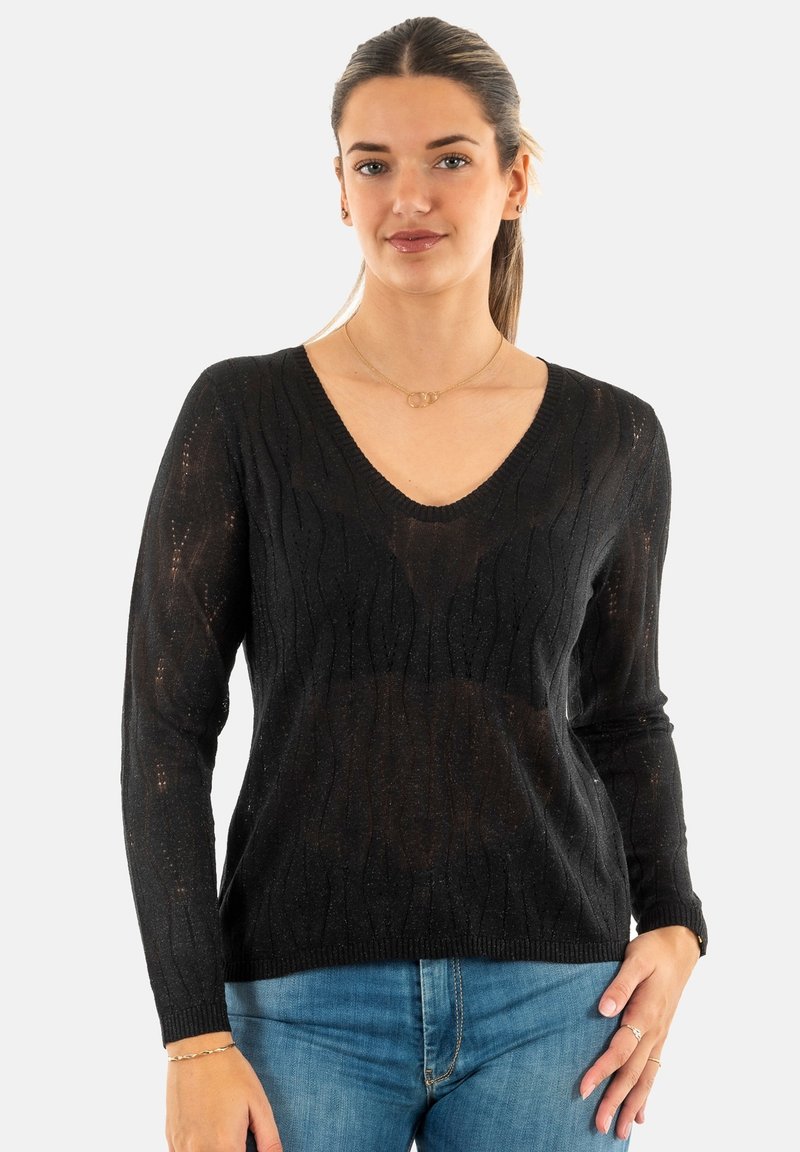 Maglione nero a maglia con scollo a V, maniche lunghe e motivo testurizzato. Il materiale sembra leggero e leggermente trasparente, con polsini a coste.