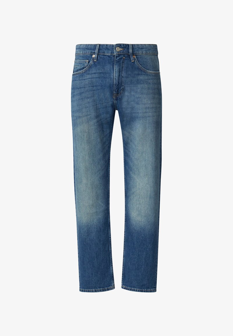 Niebieskie dżinsy z prostą nogawką, z efektem przetarcia, pięcioma kieszeniami i metalowym guzikiem w pasie.