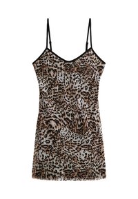Camiseta sin mangas con estampado de leopardo, con tirantes finos negros, tejido ligero y un diseño ajustado. Patrón texturizado en tonos marrones, negros y cremosos.