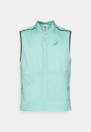 Leichte mintgrüne Weste mit hohem Kragen und Reißverschluss, versehen mit kontrastierenden schwarzen Akzenten und einem dezenten Logo auf der Vorderseite.
