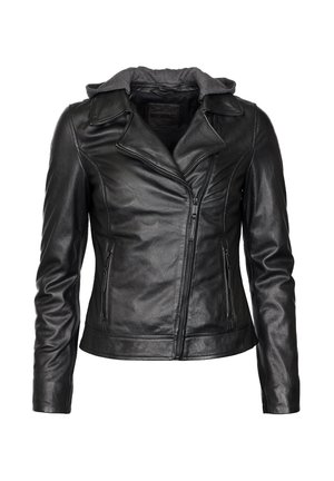 Schwarze, eng anliegende Lederjacke mit asymmetrischem Frontreißverschluss, Reverskragen, seitlichen Reißverschlusstaschen und angenähter dunkelgrauer Stoffkapuze.