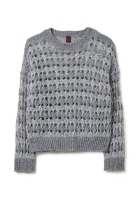 Maglione grigio chiaro lavorato a maglia con un design a trama aperta, scollatura tonda, polsini e orlo a costine. Finitura testurizzata con una vestibilità ampia.