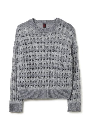 Maglione grigio chiaro lavorato a maglia con un design a trama aperta, scollatura tonda, polsini e orlo a costine. Finitura testurizzata con una vestibilità ampia.