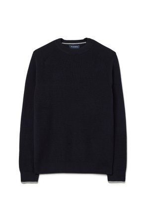 Donker marineblauwe gebreide trui met een ronde hals, ribbelstructuur en lange mouwen. Bevat subtiele grijze accenten op de manchetten en de onderrand.