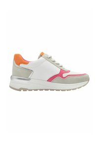 Fehér sneaker, rózsaszín, szürke és narancssárga díszítéssel; bőrből és velúrból készült; texturált felsőrésszel, kerek orral és párnázott talppal rendelkezik.