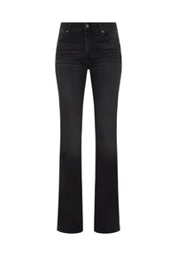 Schwarze Jeans im Schlag mit hoher Taille, klassischem Knopfverschluss, schmalem Schnitt über den Oberschenkel und weiter Beinöffnung.