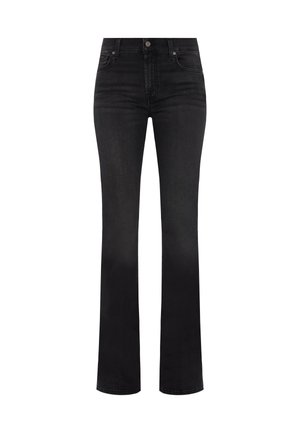 Zwarte denim flare jeans met een hoge taille, voorzien van een klassieke knoopsluiting, slim fit bij de dij en een bredere pijpopening.