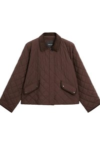 Braune gesteppte Jacke mit Knopfkragen, langen Ärmeln, zwei aufgesetzten Taschen mit Druckknöpfen und Rautensteppmuster.