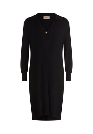 Czarna dzianinowa sukienka z kołnierzykiem i długimi rękawami. Posiada guzik przy listwie i luźny, lekko rozszerzający się krój.
