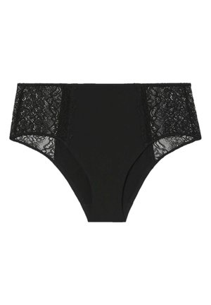 Chiloți negri cu panouri laterale din dantelă. Material neted în față și în spate, cu o textură de dantelă florale pe părțile laterale. Formă clasică de chiloți.