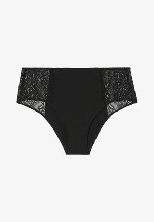 Chiloți negri cu panouri laterale din dantelă. Material neted în față și în spate, cu o textură de dantelă florale pe părțile laterale. Formă clasică de chiloți.