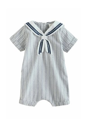 Lühikeste varrukatega beebiriietus, millel on vertikaalsed hallid triibud, valge meremehekrae ja esiküljel mereväesiniste triipudega vibu.