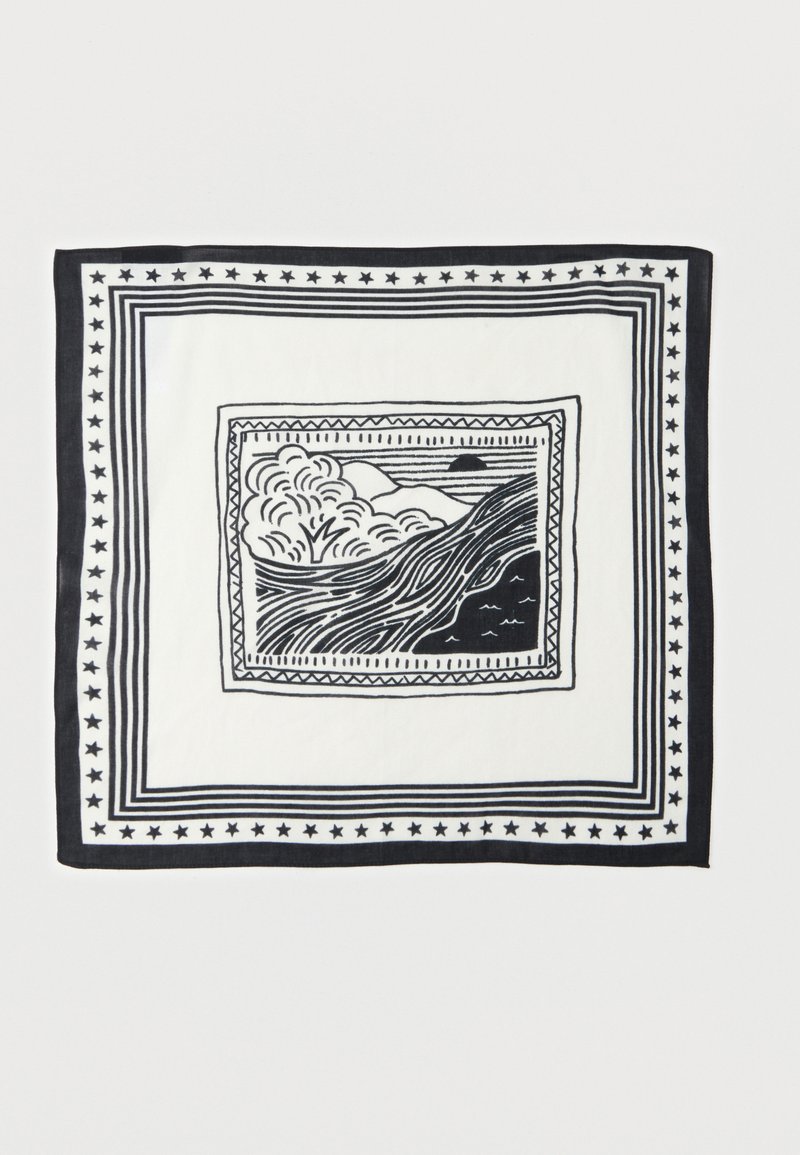 Τετράγωνο φουλάρι με ασπρόμαυρο περίγραμμα από αστέρια, που απεικονίζει ένα κεντρικό αφηρημένο τοπίο με λόφους, κύματα και ένα δύον ήλιο.