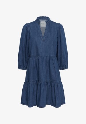 Robe en jean bleu à volants avec manches bouffantes trois-quarts et petit col à volants, dotée d'un décolleté en V et de détails froncés à la taille.