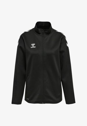 Zwarte zip-up jas van zacht stof, met een hoge kraag, zijzakken en witte chevronaccenten op de schouders. Hummel-logo weergegeven.
