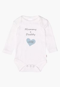 White long-sleeved baby bodysuit featuring gray text: "Mummy + Daddy" above a blue heart with "=ME," and snap closures at the bottom.