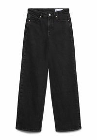 Jean noir à jambes larges avec cinq poches, fermeture à boutons et passants de ceinture, posé à plat sur un fond blanc.