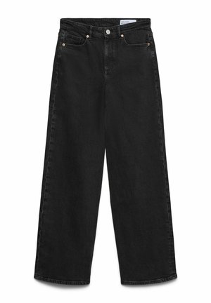 Jean noir à jambes larges avec cinq poches, fermeture à boutons et passants de ceinture, posé à plat sur un fond blanc.