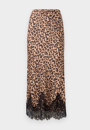Gonna midi in stampa leopardata realizzata in tessuto morbido, con orlo in pizzo nero, silhouette a trapezio e vita aderente.