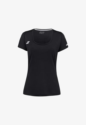 T-shirt de sport noir en tissu lisse, avec un col rond, des manches courtes et des accents de logo blanc sur les épaules.