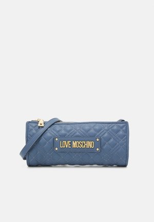 Quilted blue synthetic handbag with a gold-tone plaque reading "LOVE MOSCHINO." Features a zip closure and removable shoulder strap.