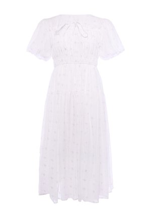 Weißes Midikleid mit kurzen Puffärmeln, geraffter Taille, kleinem Blumenprint und Bindendetail am Ausschnitt.