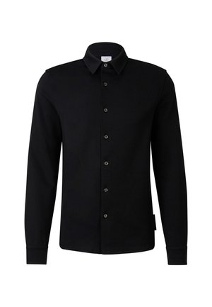 Black long-sleeve button-up shirt with a classic collar, smooth texture, and silver-toned buttons, featuring a tailored fit and side tag.