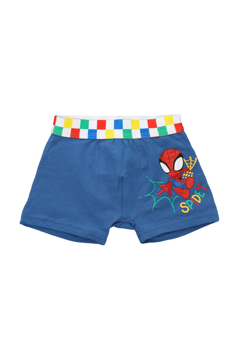 Boxer in cotone blu con una vita a scacchi bianca e multicolore. Presenta una grafica di Spider-Man e il testo colorato "Spidey".