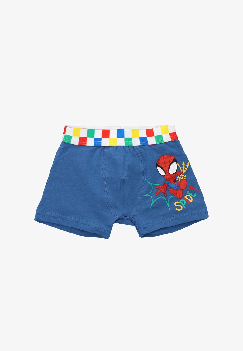 Boxer in cotone blu con una vita a scacchi bianca e multicolore. Presenta una grafica di Spider-Man e il testo colorato "Spidey".