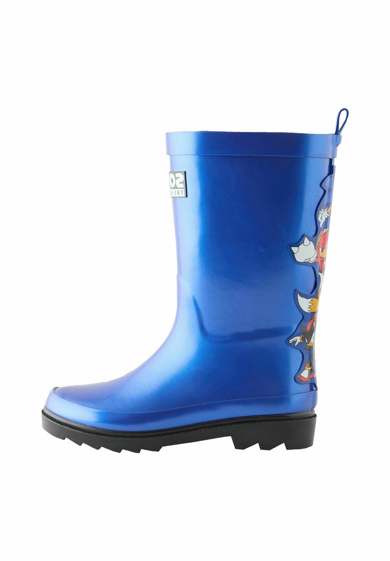 Stivale da pioggia in gomma blu con una finitura lucida, caratterizzato da un design di cartoon sul lato e una suola nera texturizzata per una maggiore aderenza.