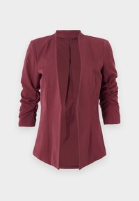 Bordeauxrode blazer van gladde stof, met een losse pasvorm, open voorkant en gerimpelde lange mouwen. Geen zichtbare knopen of sluitingen.