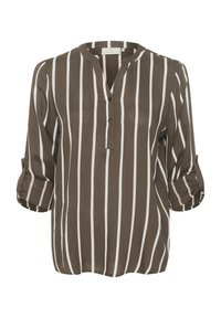 Blusa a rayas marrón y blanca con escote en V, detalles de botones y mangas enrolladas. Tela suave con un corte relajado.