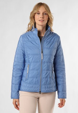 Light blue puffer jacket with a zippered front, high collar, and two side pockets. Features horizontal stitching and a smooth, shiny texture.